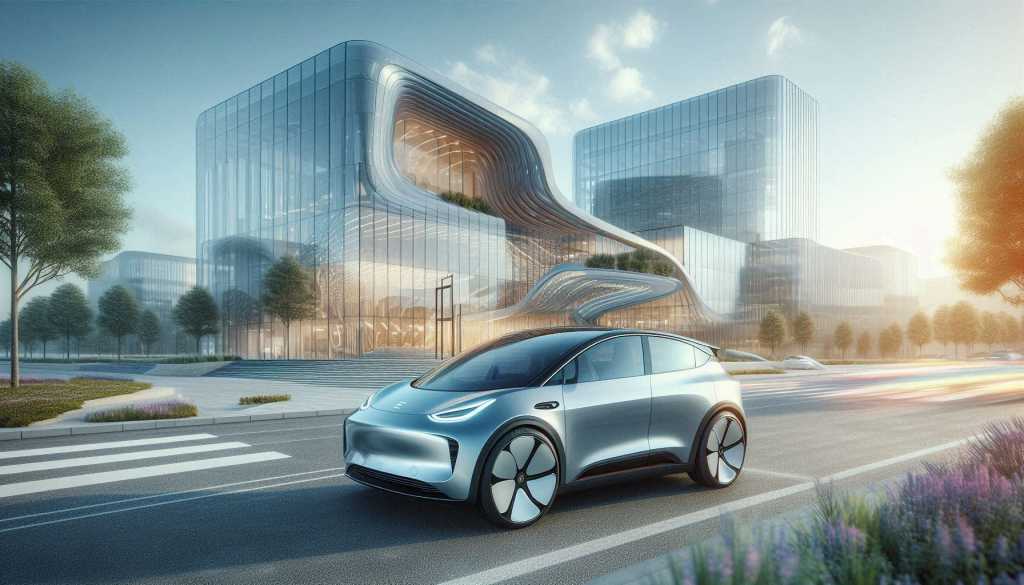 AI created image of EV car in front of large glass building.